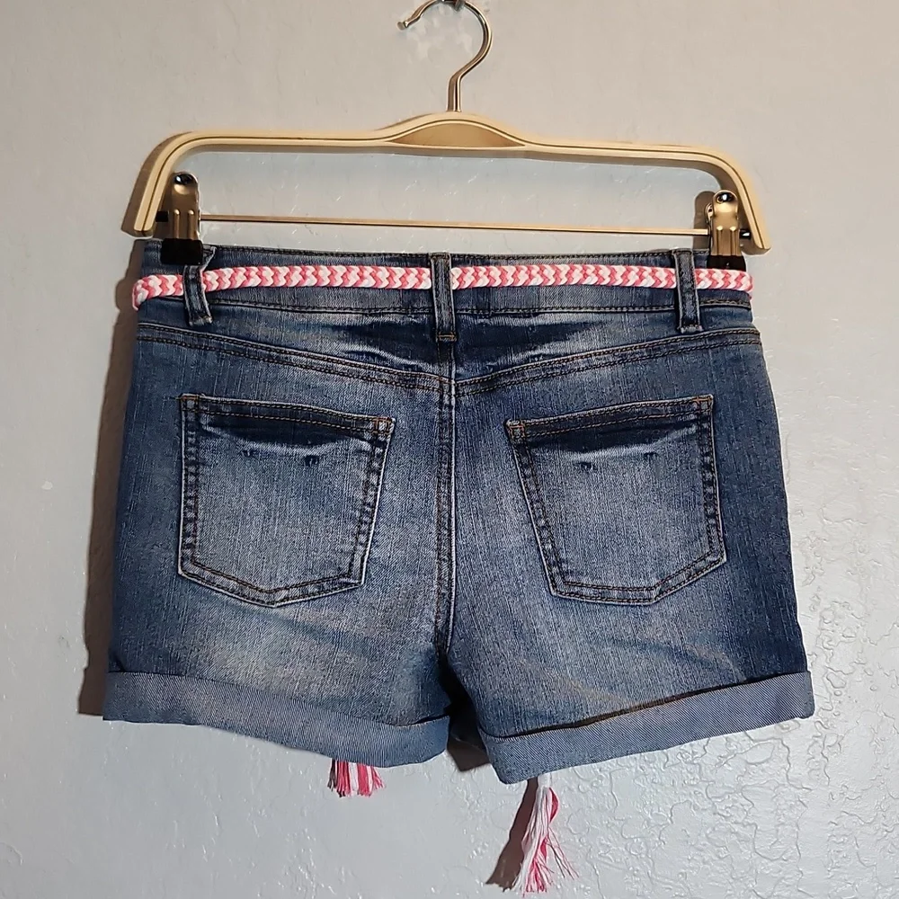 CHEROKEE Girls Large Cuff Up Wiskered Jean Shorts W Belt